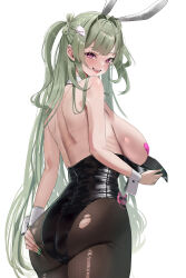 1girl absurdres animal_ears back bare_shoulders black_leotard black_pantyhose blush breasts commentary_request fingernails from_behind goddess_of_victory:_nikke green_hair hair_intakes hair_ornament hairclip hand_on_own_ass heart_pasties highres large_breasts leotard leotard_lift lifting_own_clothes long_hair looking_at_viewer median_furrow mixed-language_commentary nail_polish open_mouth pantyhose pasties pink_eyes pink_lips playboy_bunny rabbit_ears revision rossy_(yowayowachimpo) sideboob smile soda_(nikke) soda_(twinkling_bunny)_(nikke) solo teeth thighs tongue tongue_out torn_clothes torn_pantyhose two_side_up upper_teeth_only very_long_hair white_background white_wrist_cuffs wrist_cuffs