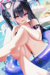 1boy 1girl 3girls absurdres abydos_high_school_logo animal_ear_fluff animal_ears barefoot beach bikini black_bikini black_hair blue_archive blush cat_ears character_request doodle_sensei_(blue_archive) extra_ears fish frilled_bikini frills halo highres long_hair looking_at_viewer multiple_girls nekon0908 off-shoulder_bikini off_shoulder official_alternate_costume pink_halo puffer_fish red_eyes sensei_(blue_archive) serika_(blue_archive) serika_(swimsuit)_(blue_archive) shiroko_(blue_archive) shiroko_(swimsuit)_(blue_archive) sitting swim_ring swimsuit thighs twintails wet