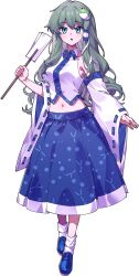 1girl bare_shoulders blue_shoes blue_skirt breasts collarbone collared_shirt covered_collarbone detached_sleeves fingernails frog_hair_ornament full_body gohei green_eyes green_hair hair_between_eyes hair_ornament hair_tubes hand_up highres holding holding_gohei kinamielise kochiya_sanae large_variant_set long_fingernails long_hair long_sleeves looking_at_viewer medium_breasts navel open_mouth shirt shoes sidelocks simple_background skirt snake_hair_ornament socks solo standing tachi-e touhou transparent_background variant_set white_shirt white_socks wide_sleeves