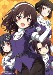 Rule 34 | 4girls, aged down, ashigara (kancolle), belt, black belt, black hair, black skirt, braid, braided bun, brown eyes, brown hair, commentary request, cowboy shot, elbow gloves, gloves, haguro (kancolle), hair bun, hair ornament, hairband, honeycomb (pattern), honeycomb background, ishihara masumi, kantai collection, looking at viewer, military uniform, multiple girls, myoukou (kancolle), nachi (kancolle), orange background, parted lips, pencil skirt, purple shirt, shirt, side ponytail, skirt, white gloves, white hairband