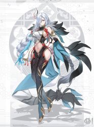 1girl adapted_costume braid breasts full_body genshin_impact grey_eyes hair_ornament hair_over_one_eye high_heels highres laksana_iman long_hair looking_at_viewer shenhe_(genshin_impact) sideboob single_braid white_hair