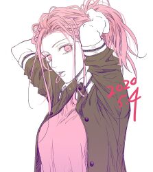 1girl 2020 a_jou arms_up black_jacket buttons collared_jacket commentary_request dated eyelashes hair_tie hair_tie_in_mouth highres jacket kuroko_no_basuke long_hair looking_to_the_side momoi_satsuki mouth_hold open_clothes open_jacket pink_eyes pink_hair pink_shirt ponytail shirt sideways_glance simple_background sleeves_rolled_up tying_hair upper_body white_background wing_collar