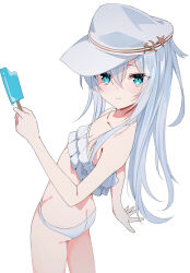 1girl aqua_eyes ass bikini blush breasts butt_crack fathom food frilled_bikini frills grey_hair hammer_and_sickle hat hibiki_(kancolle) highres holding holding_food holding_popsicle kantai_collection long_hair looking_at_viewer popsicle simple_background small_breasts smile solo star_(symbol) swimsuit verniy_(kancolle) white_background white_bikini white_hat
