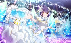 1girl animal_ear_fluff animal_ears artist_request blue_bow blue_bowtie blunt_bangs bow bow-shaped_hair bowtie breasts capelet cat_ears cat_girl cat_tail christmas_ornaments christmas_tree cleavage concert cowboy_shot darudayu_(show_by_rock!!) daruma_doll dress earrings eyeshadow flower fur-trimmed_capelet fur_trim glowstick hair_flower hair_ornament hair_stick holding holding_smoking_pipe jewelry kiseru lace lace-trimmed_dress lace_trim lens_flare looking_at_viewer makeup multicolored_hair official_art open_mouth purple_hair red_eyeshadow scaffolding short_hair show_by_rock!! skirt smile smoking_pipe solo sparkle stage standing streaked_hair tail third-party_source white_capelet white_dress white_skirt yellow_eyes