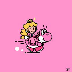 1boy blonde_hair boots chibi closed_mouth commentary dress earrings english_commentary gloves highres james_turner jewelry long_hair mario_(series) motion_lines nintendo parted_bangs pink_boots pink_dress pink_yoshi princess_peach riding riding_animal simple_background smile white_gloves yoshi