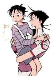 2boys :o ahoge arms_around_neck bike_jersey black_eyes black_hair bug butterfly carrying child_carry collarbone cowboy_shot cycling_uniform dual_persona feet_out_of_frame fingerless_gloves gloves hand_on_another&#039;s_back hand_on_another&#039;s_shoulder high_collar insect knees long_neck long_sleeves looking_at_animal male_focus midousuji_akira mullet multiple_boys o_omome parted_lips partially_unzipped profile purple_shirt raised_eyebrows shirt short_hair short_sleeves shorts simple_background simple_butterfly skinny solid_circle_pupils striped_clothes striped_shirt time_paradox white_background wide-eyed wispy_bangs yellow_butterfly yowamushi_pedal
