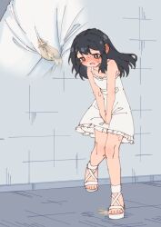 Rule 34 | 1girl, absurdres, between legs, black hair, blush, bright pupils, brown eyes, collarbone, commentary request, dress, embarrassed, flat chest, hand between legs, have to pee, highres, large variant set, long hair, multiple views, open mouth, original, pee, pee stain, peeing, peeing self, rune (dualhart), sandals, standing, standing on one leg, toes, variant set, white dress, white pupils, white sandals