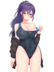 1girl absurdres asahina_mafuyu black_jacket black_one-piece_swimsuit blue_eyes blue_hair breasts cleavage competition_swimsuit covered_navel cowboy_shot gluteal_fold highleg highleg_one-piece_swimsuit highres jacket jacket_partially_removed large_breasts long_hair masurao19 one-piece_swimsuit project_sekai simple_background solo standing strap_slip swimsuit white_background
