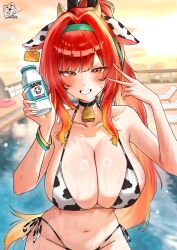 Rule 34 | 1girl, absurdres, animal ears, animal print, bell, bikini, black choker, blush, bottle, breasts, choker, cow ears, cow horns, cow print, cow print bikini, cowbell, goddess of victory: nikke, green hairband, grin, hairband, highres, holding, holding bottle, horns, ice bear, large breasts, long hair, looking at viewer, milk bottle, official alternate hair color, official alternate hairstyle, print bikini, rapi (nikke), rapi (red hood) (nikke), rapi (red hood) (red flavor) (nikke), red eyes, red hair, smile, solo, swimsuit, v, very long hair, wet