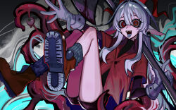 Rule 34 | 1girl, absurdres, axe, blood, blue tongue, boots, colored tongue, distortion, eyeball, fangs, from below, gloves, grey hair, grey socks, hannah (populamalus), highres, holding, holding axe, horns, jacket, original, populamalus, red boots, red eyes, red horns, red jacket, shirt, shorts, socks, solo, tentacles, turtleneck, turtleneck shirt, white gloves, white hair