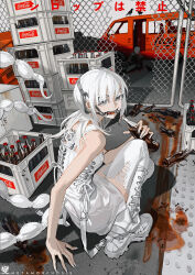 1girl 86_(nononononoway) absurdres ant arm_support arthropod_girl bird bottle braces broken_bottle broken_fence bug chain-link_fence coca-cola commentary corpse crate cross-laced_clothes cross-laced_dress crow dress english_commentary fence from_behind full_body grey_eyes half-closed_eyes highres holding holding_bottle insect long_hair looking_at_viewer looking_back motor_vehicle open_mouth original ringed_eyes scorpion_girl scorpion_tail short_dress smile soda_bottle solo spill squatting tactile_paving tail van white_dress white_hair