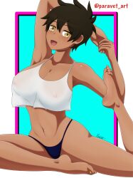 1girl :d absurdres arm_up armpits arms_behind_head artist_name barefoot blue_panties breasts brown_hair cleavage collarbone covered_erect_nipples crop_top dark-skinned_female dark_skin feet female_focus highleg highleg_panties highres interlocked_fingers kurobe_natsumi large_breasts looking_at_viewer nail_polish navel nipples open_mouth panties paravet shirt short_hair sleeveless smile soles solo spread_legs stretching thighs toenail_polish toenails toes tomboy twitter_username underwear white_shirt yellow_eyes yellow_nails yoga