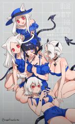 5girls :3 :d absurdres animal_ears azazel_(helltaker) bikini black_hair blue_bikini blue_hat blue_one-piece_swimsuit breasts cellphone cerberus_(helltaker) cleavage demon_girl demon_tail eyes_visible_through_hair fang grey_background hair_over_one_eye halo hat helltaker highres holding holding_pen holding_phone kneeling large_breasts lying malina_(helltaker) multiple_girls noah_(tettsui-sole) on_back one-piece_swimsuit open_mouth pen phone red_eyes short_hair smile swimsuit tail twitter_username white_hair white_halo zdrada_(helltaker)