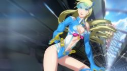 1girl animated animated_png belt blonde_hair blue_eyes blue_sky bodysuit bouncing_breasts breasts buckle building center_opening city cleavage cleavage_cutout clothing_cutout cloud day female_focus hand_gesture head-mounted_display highleg huge_filesize inevitable_world_shift long_hair md5_mismatch minase_souya navel resolution_mismatch skin_tight sky skyscraper solo source_larger subway ugoira visor zipper