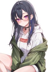 1girl absurdres amaki_daisuke blush collarbone commentary glasses green_jacket highres ichinose_uruha jacket looking_at_viewer purple_eyes simple_background solo symbol-only_commentary thighs virtual_youtuber vspo! white_background white_jacket