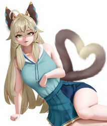 Rule 34 | 1girl, :3, absurdres, bare shoulders, blonde hair, casual, cat girl, cat tail, genshin impact, gold trim, green eyes, hair ornament, highres, kirara (genshin impact), long hair, looking at viewer, multiple tails, open clothes, open skirt, shorts, skirt, sleeveless, tail, takie arts, thighs, two tails, very long hair, white background