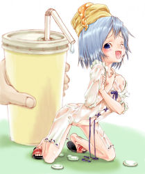 biscuit_(bread) bisuke-tan blue_bow blue_eyes blue_hair bow cleft_of_venus cup dress kfc sandals see-through_clothes white_dress