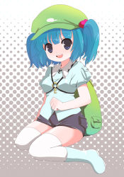 1girl backpack bad_id bad_pixiv_id bag blue_eyes blue_hair boots female_focus hair_bobbles hair_ornament halftone halftone_background hat ica kawashiro_nitori key matching_hair/eyes randoseru rubber_boots short_hair shorts sitting solo thighhighs touhou twintails two_side_up wariza white_thighhighs