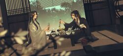Rule 34 | 2boys, ahoge, artist name, black eyes, black hair, black hanfu, blurry, blurry foreground, bowl, branch, chinese clothes, chopsticks, closed mouth, commentary, cup, depth of field, eating, english commentary, food, hair ribbon, hanfu, headband, highres, holding, holding bowl, holding chopsticks, implied yaoi, indoors, jug (bottle), lan wangji, leaf, long hair, long sleeves, looking at another, male focus, minataka94, modao zushi, multiple boys, open mouth, plant, plate, ponytail, profile, red ribbon, ribbon, robe, sash, seiza, sidelocks, sitting, sliding doors, smile, table, tatami, teacup, teapot, tree, very long hair, watermark, wei wuxian, white hanfu, white headband, wide sleeves, window blinds