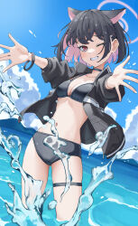 1girl absurdres alternate_costume animal_ears bikini black_bikini black_hair black_jacket blue_archive blush cat_ears cat_girl colored_inner_animal_ears colored_inner_hair extra_ears grin highres iom_kd37150 jacket kazusa_(blue_archive) looking_at_viewer multicolored_hair navel one_eye_closed pink_eyes pink_hair smile solo stomach swimsuit thigh_strap two-tone_hair