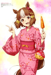 1girl :d absurdres animal_ears animedia belno_light_(umamusume) brown_eyes brown_hair copyright_name copyright_notice ear_ornament floral_print floral_print_kimono food hair_ornament hairpin hands_up highres holding holding_food horse_ears horse_girl horse_tail index_finger_raised japanese_clothes kamome_yuu kimono kinchaku letter_hair_ornament light_blush looking_at_viewer magazine_scan multicolored_hair obi obijime official_art open_mouth pink_kimono pink_sash pouch print_kimono sash scan shade short_hair smile solo streaked_hair tail umamusume umamusume:_cinderella_gray white_streaks yukata
