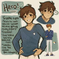 ... 1boy alternate_eye_color antenna_hair black_eyes blue_sweater blush brown_hair character_name closed_mouth collarbone dark-skinned_male dark_skin english_text grey_pants grin hands_on_own_hips hero_(faraway)_(omori) hero_(omori) highres long_sleeves looking_at_viewer male_focus official_art_inset omori ottie_pops pants parted_lips reference_inset short_hair smile solo speech_bubble spoken_ellipsis sweater teeth