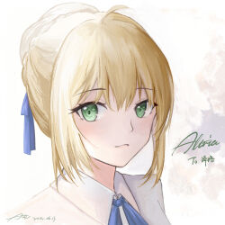 1girl 2022 ahoge artoria_pendragon_(fate) asic_(2595268715) blonde_hair blue_ribbon braid braided_bun character_name closed_mouth collared_shirt dated fate/stay_night fate_(series) green_eyes hair_between_eyes hair_bun hair_ribbon highres looking_at_viewer neck_ribbon portrait ribbon saber_(fate) shirt short_hair smile solo white_shirt wing_collar