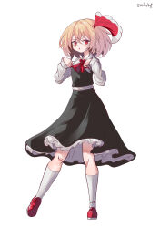 1girl :o absurdres ankle_belt annoyed ascot belt belt_buckle black_skirt black_vest blonde_hair buckle buttons clenched_hands collared_shirt crossed_bangs eyelashes frilled_skirt frills full_body furrowed_brow hair_between_eyes hair_ribbon high-waist_skirt highres kneehighs knees light_blush loafers long_sleeves looking_at_viewer medium_skirt mibukyt open_mouth paw_pose pleated_skirt puffy_long_sleeves puffy_sleeves red_ascot red_belt red_eyes red_ribbon red_shoes ribbon rumia shirt shoes short_hair simple_background skirt skirt_set sleeves_past_wrists socks solo standing tachi-e touhou vest white_background white_shirt white_socks