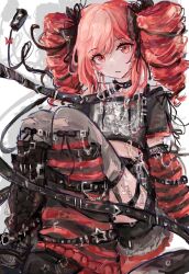1girl absurdres akari_(akariimia) arm_warmers black_bow black_leg_warmers black_shirt black_shoes black_skirt blush bow closed_mouth drill_hair goth_fashion grey_thighhighs hair_bow highres kasane_teto leash leg_warmers long_hair looking_at_viewer red_arm_warmers red_eyes red_hair shirt shoes single_bare_shoulder skirt solo striped_arm_warmers striped_leg_warmers thighhighs torn_clothes torn_thighhighs twin_drills utau
