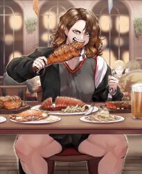 1girl 2others artist_request beer_mug breasts brown_eyes brown_hair coat copyright_request crab cup eating food fork highres knife large_breasts long_hair meat mole mole_under_eye mug multiple_others muscular muscular_female pasta plate sharp_teeth shorts sitting skirt smile spaghetti table teeth thighs tomboy vest