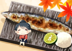 1girl :&gt; blush closed_eyes closed_mouth commentary_request facing_viewer female_focus fish food food_request fruit hakama hakama_skirt hinata_yuu houshou_(kancolle) in_food japanese_clothes kantai_collection kimono knees_together_feet_apart lime_(fruit) lime_slice mini_person minigirl pantyhose parted_bangs raised_eyebrows saury sitting skirt smile solo swept_bangs tasuki