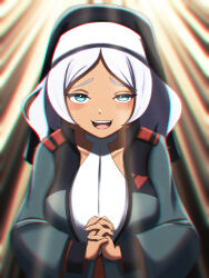 1girl breasts coif commentary_request dark-skinned_female dark_skin de_nharuka green_eyes green_jacket grey_hair gundam gundam_suisei_no_majo highres jacket large_breasts medium_hair meme mesugaki_confession_room_(meme) nun open_mouth own_hands_clasped own_hands_together secelia_dote smile solo teeth upper_teeth_only
