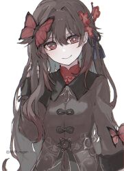 1girl black_shirt brown_hair bug butterfly flower genshin_impact hair_down hair_flower hair_ornament highres hu_tao_(genshin_impact) insect long_hair long_sleeves looking_at_viewer nayuta_(8888_mugen) no_headwear red_eyes red_flower shirt simple_background smile solo upper_body very_long_hair white_background