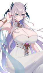 1girl absurdres blue_eyes bracer breasts cleavage commentary crossed_legs dress english_commentary giyeodeo grey_hair hair_between_eyes head_wings highres indie_virtual_youtuber large_breasts long_hair mole mole_under_mouth paid_reward_available parted_lips pochimaru_(vtuber) pochimaru_(vtuber)_(4th_costume) red_nails simple_background smile solo very_long_hair virtual_youtuber white_background white_dress wings