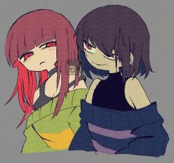 Rule 34 | 2girls, adversarial noise, alternate hair length, alternate hairstyle, black shirt, black tank top, blue sweater, blunt bangs, brown hair, chara (undertale), colored inner hair, commentary, cropped torso, english commentary, frisk (undertale), frown, genderswap, genderswap (otf), green sweater, grey background, highres, long hair, mr0x0, multicolored hair, multiple girls, off-shoulder sweater, off shoulder, red eyes, red hair, shirt, short hair, sleeveless, sleeveless shirt, sleeveless turtleneck, smile, sweater, tank top, too many watermarks, turtleneck, two-tone hair, undertale, watermark, watermark grid