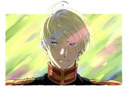1boy blonde_hair blue_eyes border char_aznable epaulettes floating_hair gundam gundam_gquuuuuux high_collar highres jacket looking_to_the_side male_focus manjuuukowaine military_jacket military_uniform portrait shirouzu_(gundam) short_hair solo white_border