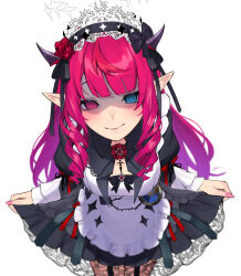 1girl black_dress blue_eyes blunt_bangs chest_bow closed_mouth clothes_lift commentary dasdokter double_bun dress drill_hair drill_sidelocks english_commentary frilled_dress frills garter_straps hair_bun halo heterochromia highres hololive hololive_english horns irys_(hololive) irys_(maid)_(hololive) juliet_sleeves lace lace-trimmed_dress lace_trim leaning_forward long_hair long_sleeves looking_at_viewer maid_headdress multicolored_hair nail_polish official_alternate_costume official_alternate_hairstyle pink_nails pleated_dress pocket_watch pointy_ears puffy_sleeves purple_eyes purple_hair red_hair shaded_face sidelocks simple_background skirt skirt_lift smile solo star_halo streaked_hair virtual_youtuber watch white_background yandere