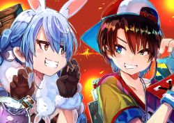 2girls animal_ears backwards_hat baseball_cap black_gloves black_hair blue_eyes blue_hair blush bracelet braid brown_eyes claw_pose crossover don-chan_(usada_pekora) explosive gloves gradient_hair hat hololive jewelry minecraft multicolored_hair multiple_girls oozora_subaru oozora_subaru_(1st_costume) open_hands orange_background rabbit_ears short_eyebrows short_hair smirk subaru_duck teeth tnt tnt_block_(minecraft) twin_braids usada_pekora usada_pekora_(1st_costume) virtual_youtuber white_hair yagi_(yagiumaaai)