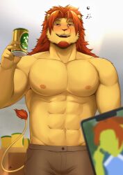 1boy abs aged_up alcohol animal_ears bara blush brown_pants can cellphone commentary drink_can drunk english_commentary facial_hair furry furry_male goatee highres holding holding_can lion_boy lion_ears lion_mane lion_tail male_focus morenatsu muscular muscular_male navel nipples open_mouth pants pectorals phone signature smartphone smile soutarou_touno tail topless_male zammonv
