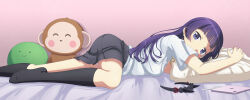 1girl absurdres ass bed_sheet black_eyes black_hair black_skirt black_socks blunt_bangs blush breasts commentary feet_out_of_frame gokou_ruri hairband highres hime_cut ipad kneehighs long_hair looking_at_viewer lying mixed-language_commentary mole mole_under_eye nail_polish on_stomach ore_no_imouto_ga_konna_ni_kawaii_wake_ga_nai panties pantyshot pillow pink_nails scarletsky shirt short_sleeves skirt small_breasts socks solo stuffed_animal stuffed_toy tablet_pc underwear unworn_hairband white_panties white_shirt