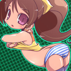 1girl ass black_thighhighs brown_eyes brown_hair butt_crack clothes_lift from_behind leaning_forward lifting_own_clothes loli long_hair looking_back mio_(sou_nanda) omoikkiri_kagaku_adventure_sounanda open_mouth panties ponytail ribbon shirt shirt_lift sleeveless sleeveless_shirt solo striped_clothes striped_panties suniko thighhighs thighs underwear undressing yellow_ribbon