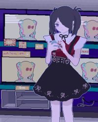 2girls ame-chan_(needy_girl_overdose) animal animated animated_gif bird black_hair black_skirt blue_eyes bow cellphone chouzetsusaikawa_tenshi-chan crow dithering dress english_text feet_out_of_frame hair_bow hair_over_one_eye high-waist_skirt highres looking_at_phone looping_animation multicolored_hair multicolored_nails multiple_girls nail_polish needy_girl_overdose peco-pech phone pixel_art power_lines skirt smartphone standing suspender_skirt suspenders television twintails