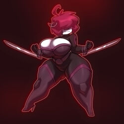1girl ahoge bigdad black_gloves boots breasts cleavage clenched_hands closed_mouth colored_skin covered_eyes curvy fang full_body gazlene_membrane gloves hair_ornament hair_over_eyes high_heel_boots high_heels huge_breasts invader_zim outline pink_hair red_outline ring_hair_ornament short_hair simple_background solo standing thick_thighs thighs weapon white_skin wide_hips witchblade wrist_blades