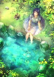 1girl absurdres barefoot commentary dress english_commentary flower frilled_dress frills hair_flower hair_ornament highres jewelry long_hair necklace outdoors pond purple_eyes purple_hair sapphi_(sky_dreamsky) shoes short_sleeves shoujo_kageki_revue_starlight sitting soaking_feet solo tsuyuzaki_mahiru unworn_shoes white_dress