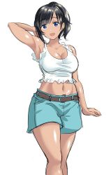 1girl aqua_shorts armpits bare_legs bare_shoulders belt black_hair blue_eyes breasts brown_belt cleavage commentary commentary_request cowboy_shot crop_top dark-skinned_female dark_skin female_focus kasugano_tobari low-cut midriff navel open_mouth original shirt short_hair shorts sidelocks simple_background sleeveless solo stomach swept_bangs white_background white_shirt
