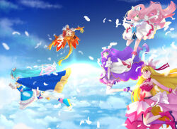 1boy 4girls absurdres ahoge aqua_eyes belt black_belt blonde_hair blue_cape blue_eyes blue_hair blue_scrunchie blush boots braid brooch cape closed_mouth cloud crescent crescent_earrings crop_top cure_butterfly cure_majesty cure_prism cure_sky cure_wing dress earrings egillust2 elbow_gloves ellee-chan feathers fingerless_gloves flying gloves gradient_hair green_eyes hair_ornament hat heart heart_earrings high_heel_boots high_heels highres hijiri_ageha hirogaru_sky!_precure jewelry long_hair magical_boy magical_girl midriff multicolored_hair multiple_girls nijigaoka_mashiro open_mouth orange_footwear orange_hair orange_vest pink_eyes pink_footwear pink_hair pink_hat pink_shirt pink_skirt precure purple_dress purple_footwear purple_hair red_eyes scrunchie shirt short_hair single_sidelock skirt sky smile sora_harewataru streaked_hair sun thighhighs twintails two-tone_dress two-tone_footwear two-tone_hair two-tone_shirt two_side_up very_long_hair vest white_dress white_gloves white_thighhighs wing_brooch wing_hair_ornament wrist_cuffs yuunagi_tsubasa