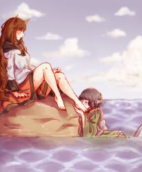 2girls animal_ears barefoot brown_hair dress female_focus fingernails fins grey_hair hairy_legs head_fins highres image_sample imaizumi_kagerou japanese_clothes kimono kissing_foot long_fingernails long_hair long_toenails md5_mismatch mermaid monster_girl multiple_girls obi on_rock orz_(kagewaka) resized resolution_mismatch rock sash short_hair sitting source_larger thick_eyebrows toenails touhou very_long_hair wakasagihime water wolf_ears yuri