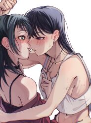 2girls after_kiss bang_dream! bang_dream!_it&#039;s_mygo!!!!! black_camisole black_choker black_hair blue_eyes blush breasts brown_hair camisole choker cleavage commentary doki_(oox3o) ear_blush earrings highres jewelry kabedon long_hair mole mole_under_eye multiple_girls necklace_pull off_shoulder parted_lips purple_eyes saliva saliva_trail shiina_taki simple_background stud_earrings sweat tank_top white_background white_tank_top yahata_umiri yuri