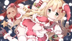 1girl bell black_footwear black_gloves blonde_hair blush boots bow breasts candy candy_cane capelet christmas closed_mouth commentary_request dress food footwear_bell fur-trimmed_boots fur-trimmed_capelet fur-trimmed_dress fur-trimmed_headwear fur_gloves fur_trim gloves green_eyes hair_bell hair_ornament hamada_pengin hat high_heel_boots high_heels highres holding holding_sack holly jingle_bell long_hair looking_at_viewer original pointy_ears pom_pom_(clothes) pom_pom_hat_ornament red_bow red_capelet red_dress red_hat reindeer sack santa_costume santa_dress santa_hat skindentation small_breasts thighhighs very_long_hair white_thighhighs