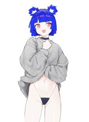 1girl :d animal_ear_fluff animal_ears bare_hips bear_ears bear_girl black_choker black_one-piece_swimsuit blue_hair blunt_bangs blunt_ends blunt_sidelocks choker clenched_hand clothes_lift commentary cowboy_shot dot_nose embarrassed english_commentary eyebrows_hidden_by_hair fang flat_chest furrowed_brow grey_shirt grey_sweater grin gris_(vertigris) gris_swimsuit groin hand_on_own_chest hand_under_clothes hand_under_shirt hand_up head_tilt highleg highleg_one-piece_swimsuit highres light_blush long_eyelashes long_shirt long_sleeves looking_at_viewer meme_attire navel one-piece_swimsuit open_mouth original pink_eyes puffy_long_sleeves puffy_sleeves raised_eyebrow see-through_clothes shirt shirt_lift short_hair sidelocks simple_background smile solo standing straight-on sweater swimsuit swimsuit_under_clothes thick_eyelashes thighs vertigris white_background